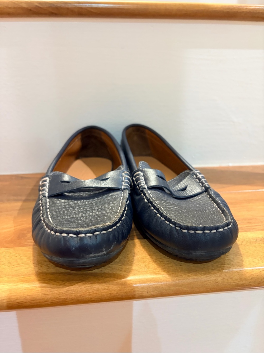 Venettini Leather Hand Made Navy Blue Kids Moccasins with Contrast Stitching